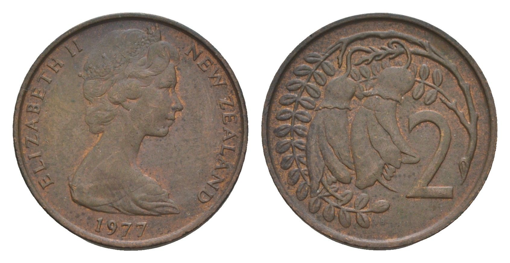 Новая Зеландия 2 цента 1977 Елизавета II (1952-2022), два цветка кохаи KM 32.1 бронза 4655-1148
