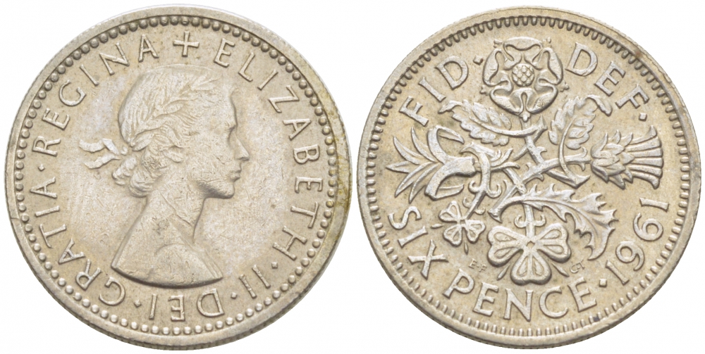 Великобритания 6 пенсов 1961 Елизавета II (1952-2022) KM 903, Spink 4149 медно-никель 3718-257