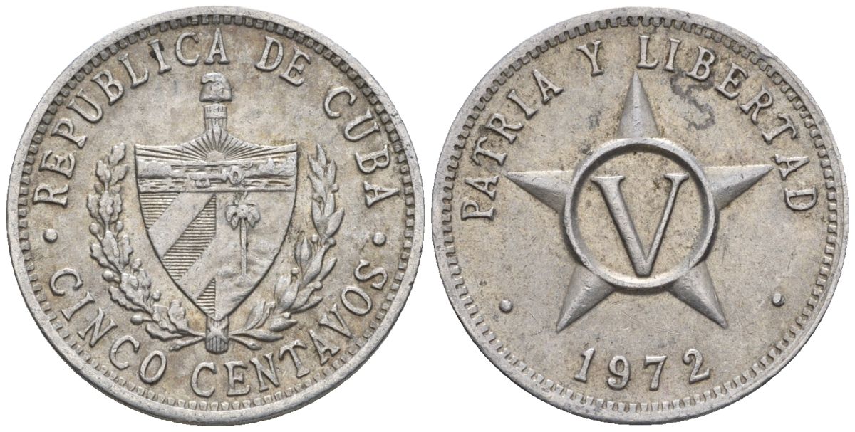 Куба 5 сентаво 1972 KM 34, JMA 46, Y 28, Schoen 32 алюминий 4114-244