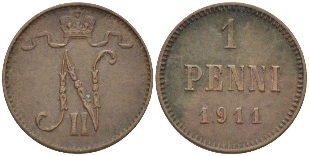 Россия для Финляндии 1 пенни 1911 Николай II (1894-1917) KM 13, Биткин 471 медь 4396-1342