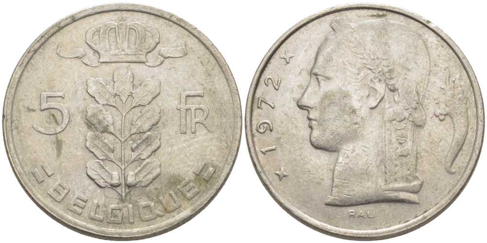 Бельгия 5 франков 1972 Belgique, Бодуэн I (1951-1993) KM 134.1 медно-никель 119-721