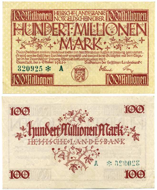 ДАРМШТАДТ, ГЕРМАНИЯ 50000000 МАРОК (50 МИЛЛИОНОВ) 1923 1 СЕНТЯБРЯ 1923, НОТГЕЛЬД, ЗЕМЛЯ ГЕССЕН, НОМЕР, СНЕЖИНКА, СЕРИЯ А, ЗЕЛЁНАЯ, HESSESCHE LANDESBANK Keller 956е бумага 8613-22-2-1