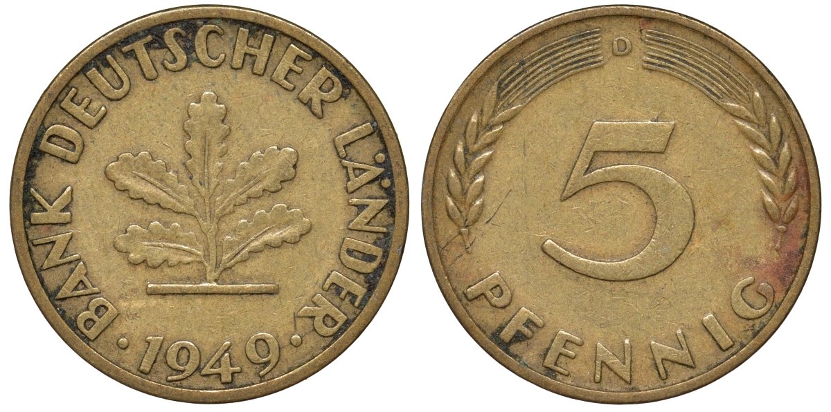 ФРГ 5 пфеннигов 1949 D KM 102 сталь плакированная бронзой 4174-469