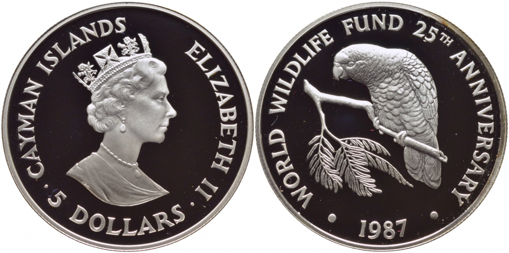 Каймановы острова 5 долларов 1987 серия 25 лет защиты окружающей среды, попугай, Cuban Amzon KM 95 серебро PROOF 00-000-00