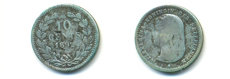 НИДЕРЛАНДЫ 10 ЦЕНТОВ 1892 KM 116 серебро 84-921