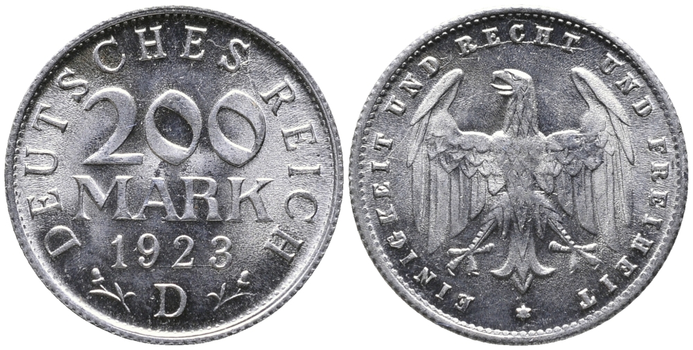 ГЕРМАНИЯ 200 МАРОК 1923 D KM 35, J. 304 алюминий UNC 24-846