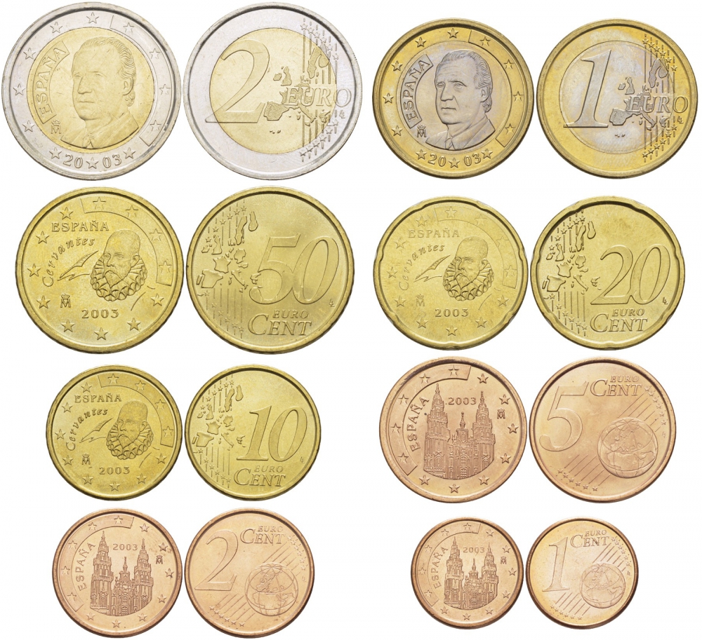 Испания полный евронабор из 8 монет 2003 1, 2, 5, 10, 20, 50 евроцентов, 1 и 2 евро KM 1040, 1041, 1042, 1070, 1071, 1072, 1073, 1074 N6-05