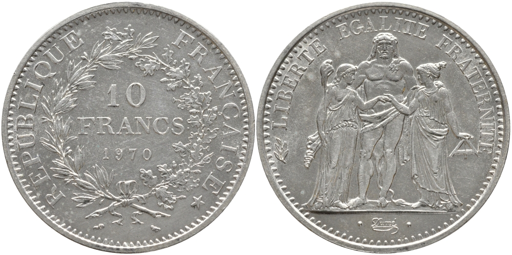 Франция 10 франков 1970 Геракл с богинями равенства и братства KM 932 серебро 272-623