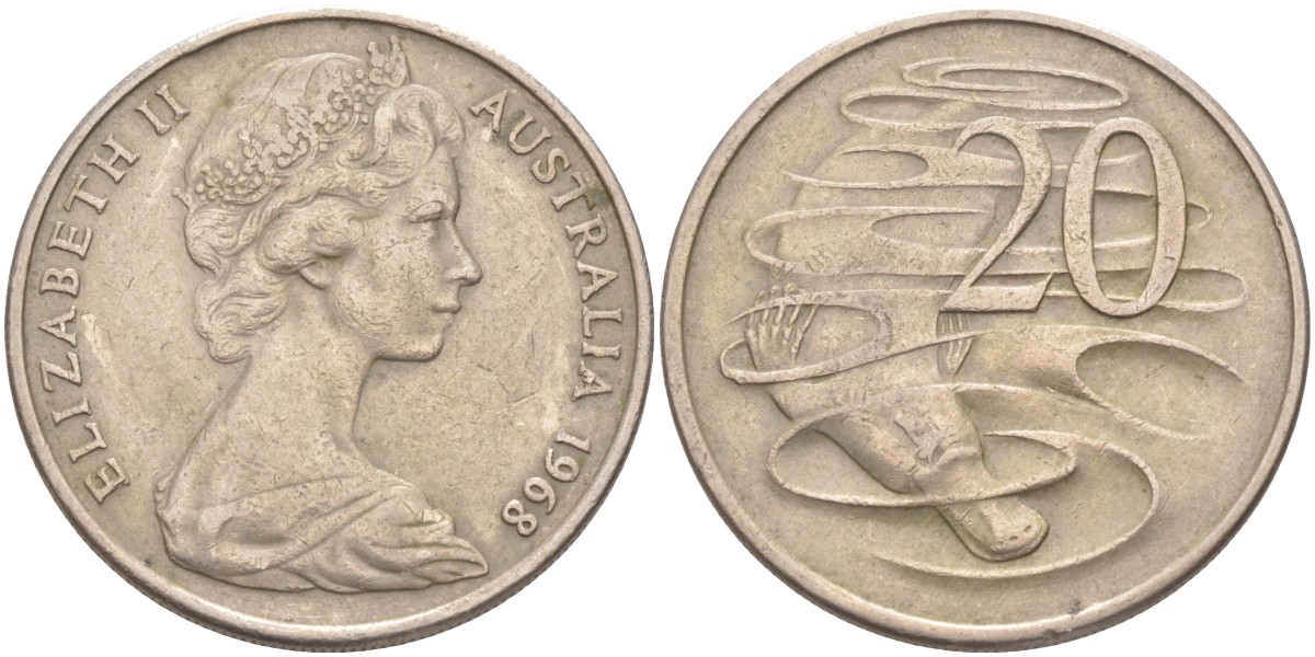 Австралия 20 центов 1968 Елизавета II (1952-2022), утконос KM 66 медно-никель 4512-616