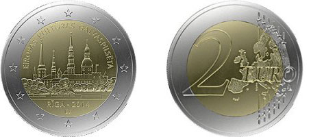 Латвия 2 евро 2014 Рига, культурная столица европы KM 158 биметалл UNC M19-21