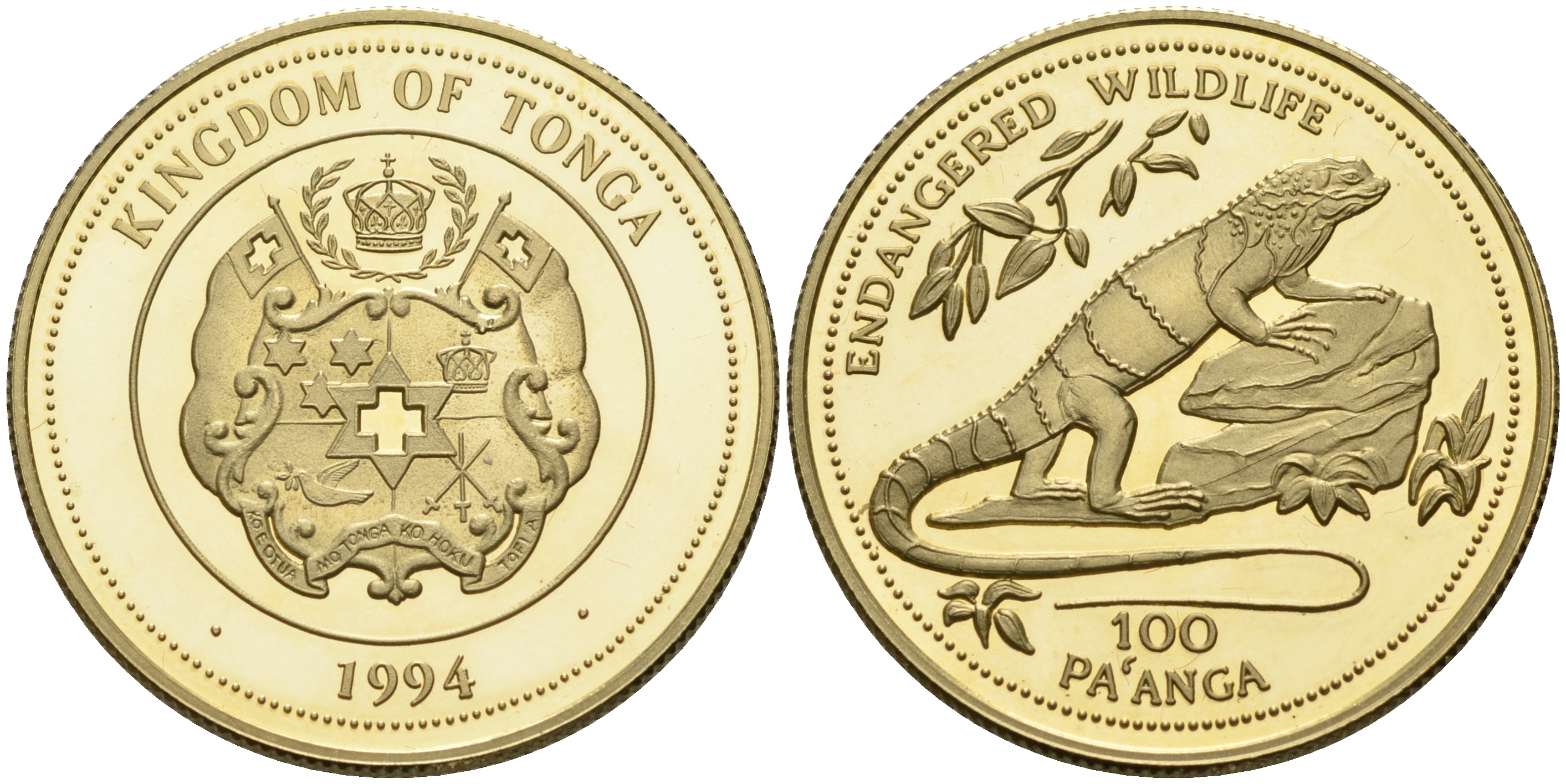 Тонга 100 паанга 1994 Пятнистобрюхая фиджийская игуана, серия сохраним наш мир, тираж 2000 экземпляров KM 165 золото PROOF 10-020-53