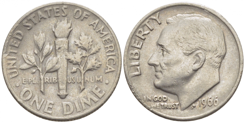 США 10 ЦЕНТОВ = 1 ДАЙМ 1966 РУЗВЕЛЬТ KM 195а медь плакированная медно-никелем 105-1039