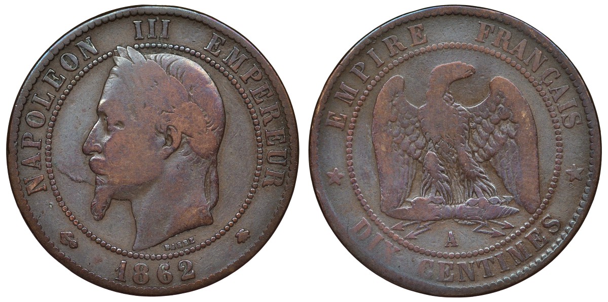 Франция 10 сантимов 1862 А, Наполеон III (1852-1870) KM 798.1, Le Franc 134.5 бронза 4123-321