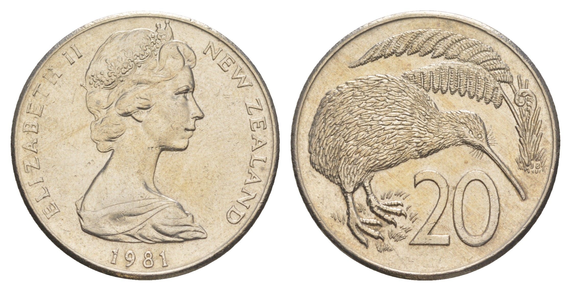 Новая Зеландия 20 центов 1981 Елизавета II (1952-2022), птичка киви KM 36 медно-никель 87-1021