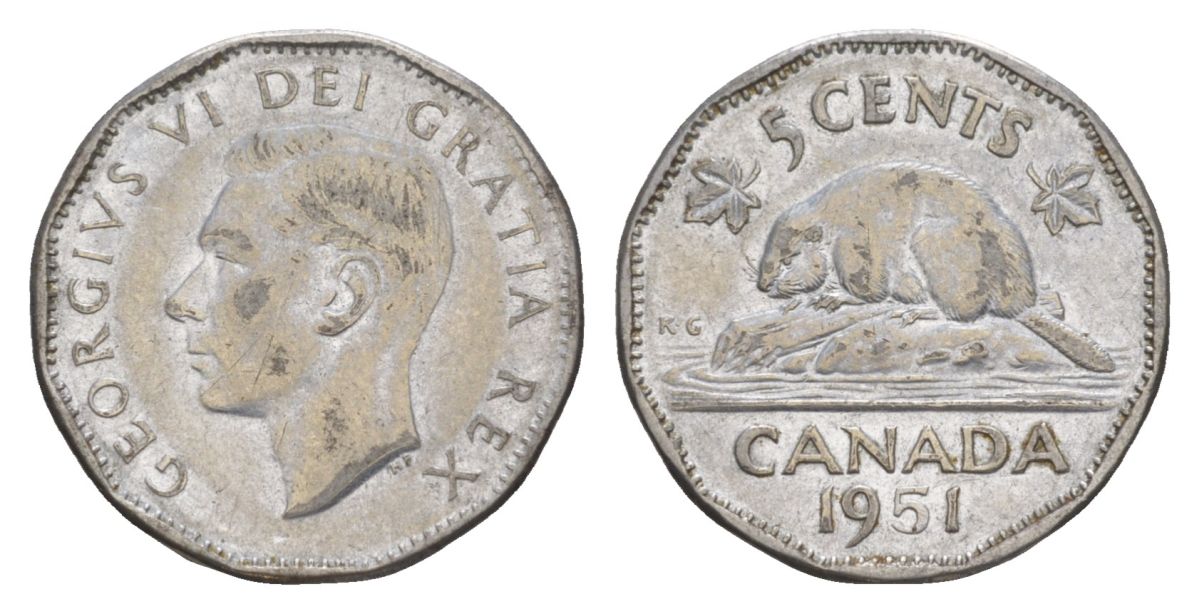 Канада 5 центов 1951 Георг VI (1936-1952), бобр KM 42a хромированная сталь 4630-656