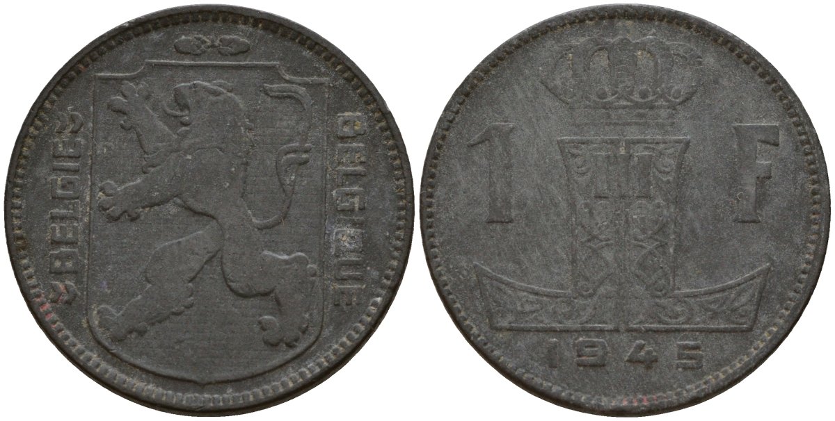 Бельгия 1 франк 1945 Belgie - Belgique, Леопольд III (1934-1947), германская оккупация, Вторая мировая война KM 128 цинк 4161-552