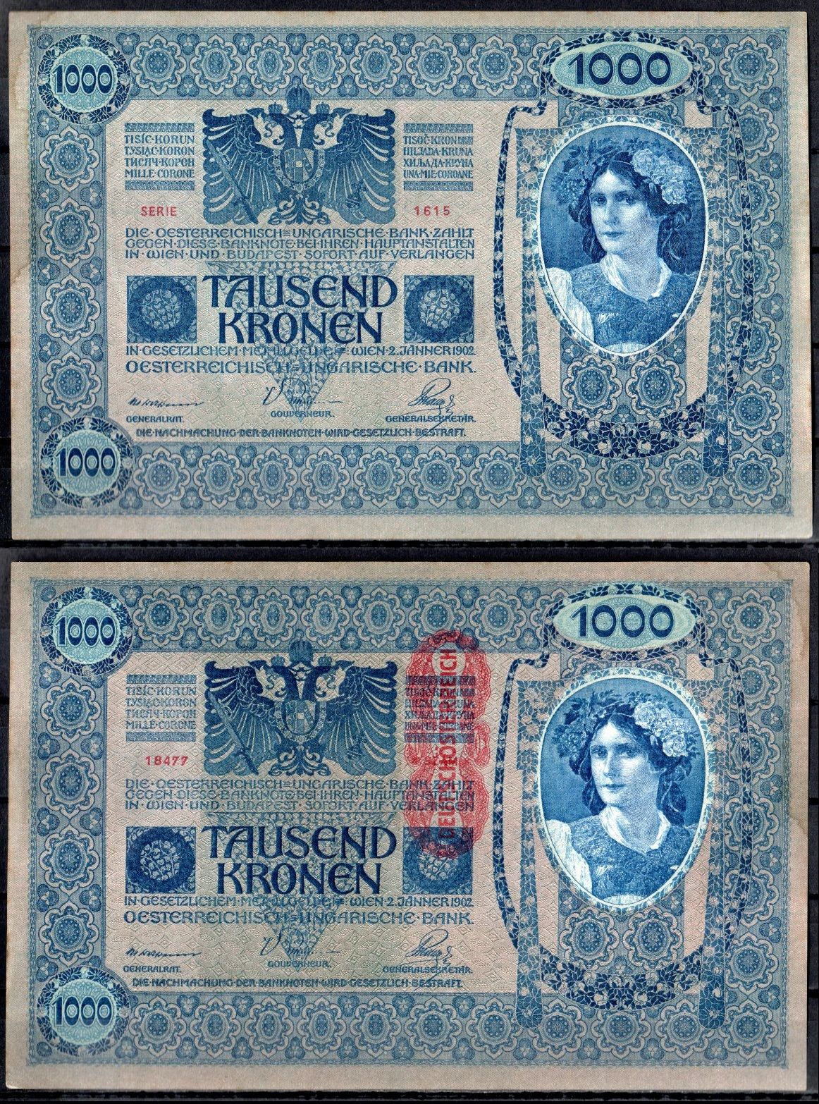 Австрия 1000 крон 1902 (1919) Pick 59 бумага UNC (пресс) 8613-8-1-2