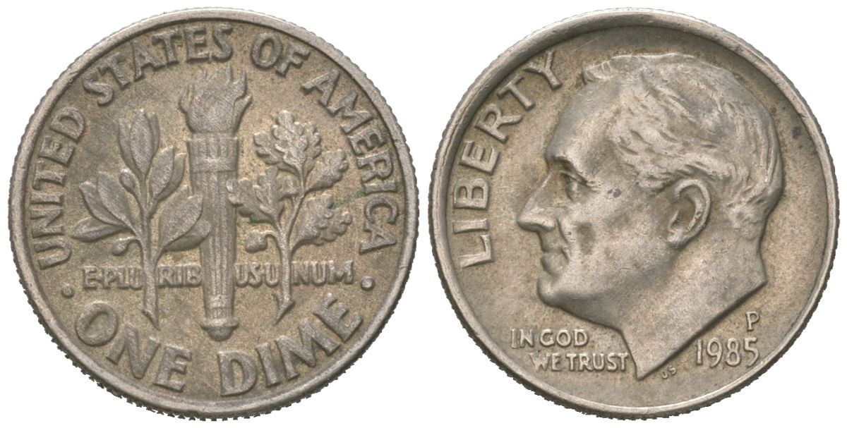 США 10 центов (дайм) 1985 P, Рузвельт KM 195a медь плакированная медно-никелем 192-1058