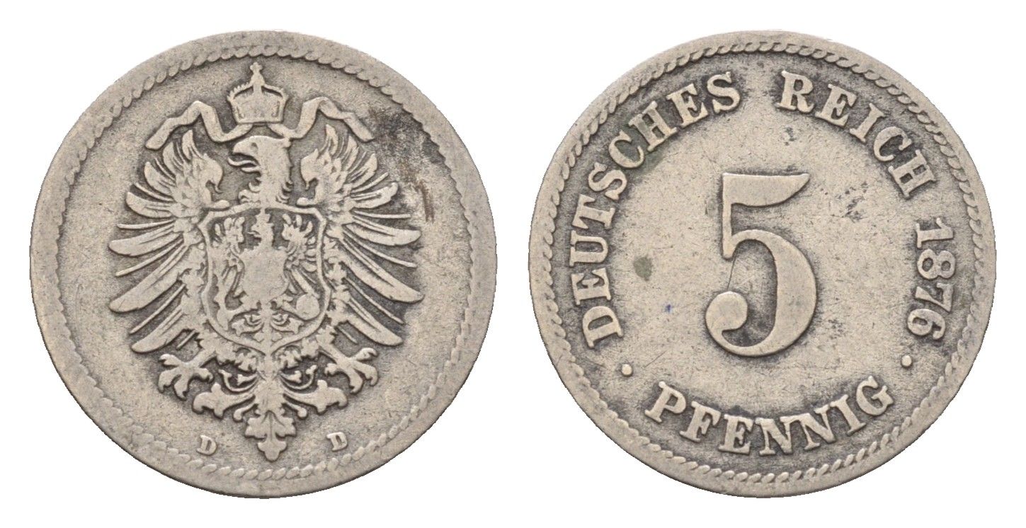 Германия 5 пфеннигов 1876 D, Вильгельм I (1871-1888) KM 3, J. 3 медно-никель 4632-657