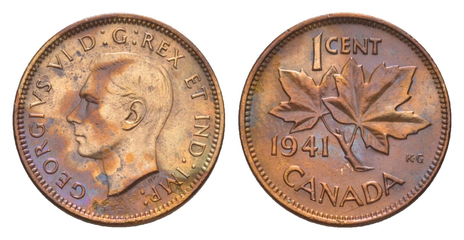 Канада 1 цент 1941 Георг VI (1936-1952), кленовый лист KM 32 бронза 4639-255