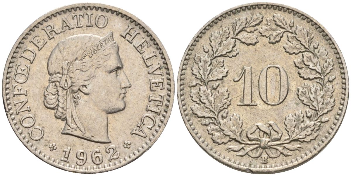 Швейцария 10 раппенов 1962 B KM 27 медно-никель 4608-512