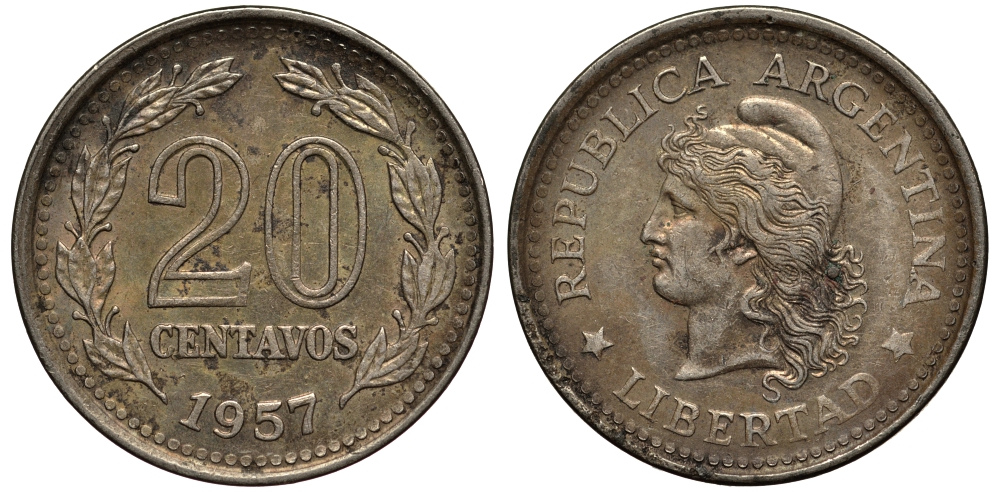 Аргентина 20 сентаво 1957 голова Свободы влево KM 55 сталь плакированная никелем 4182-255