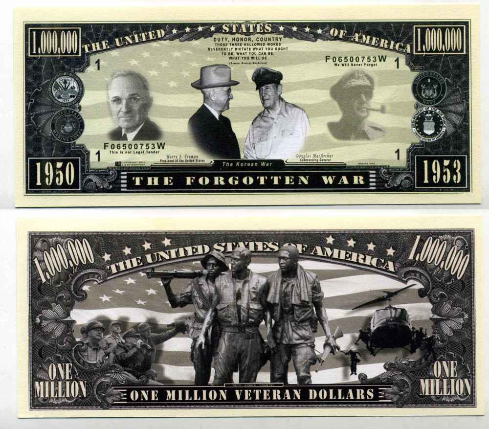 США 1000000 ДОЛЛАРОВ ND СУВЕНИРНАЯ БАНКНОТА, КОРЕЙСКАЯ ВОЙНА, СОЛДАТЫ, ГАРРИ ТРУМАН И ДУГЛАС МАКАРТУР, ЗАБЫТАЯ ВОЙНА бумага UNC (ПРЕСС) 8588-62-4-2