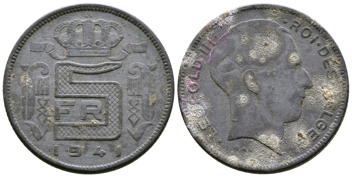 БЕЛЬГИЯ 5 ФРАНКОВ 1941 BELGES, ГЕРМАНСКАЯ ОККУПАЦИЯ, ВТОРАЯ МИРОВАЯ ВОЙНА KM 129.1 цинк 179-822