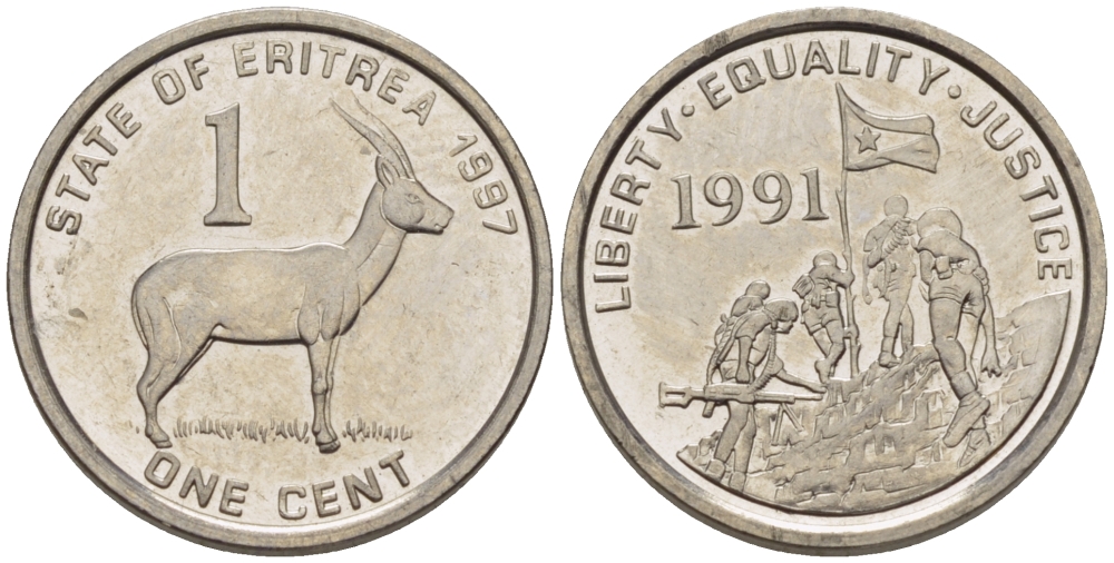Эритрея 1 цент 1997 краснолобая антилопа KM 43 сталь плакированная никелем UNC 66-742