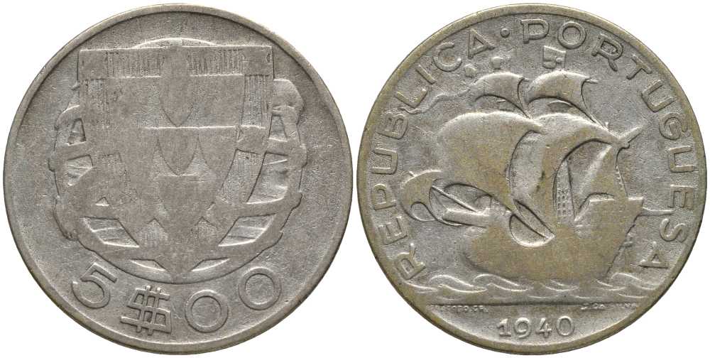 ПОРТУГАЛИЯ 5 ЭСКУДО 1940 ПАРУСНИК КМ 581 серебро 202-421