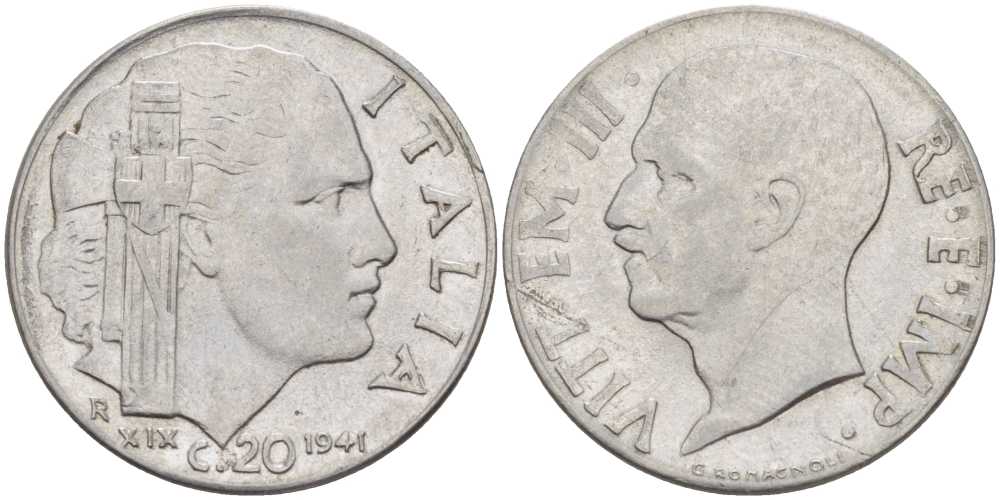 ИТАЛИЯ 20 ЧЕНТЕЗИМО 1941 R, ВИКТОР ИМАНУИЛ, XIX ГОД KM 75b нержавеющая сталь 113-1227
