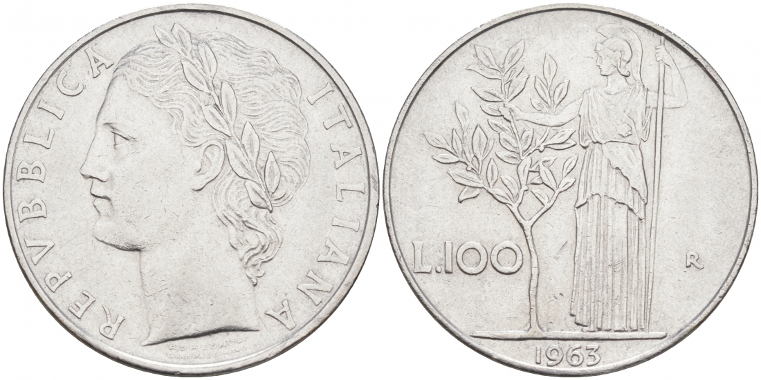 ИТАЛИЯ 100 ЛИР 1963 R АФИНА KM 96.1 сталь 3855-743