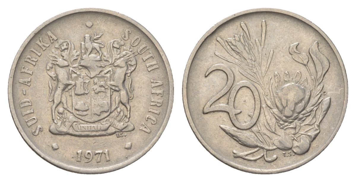 ЮАР 20 центов 1971 герб, цветок протея KM 86 никель 4626-752