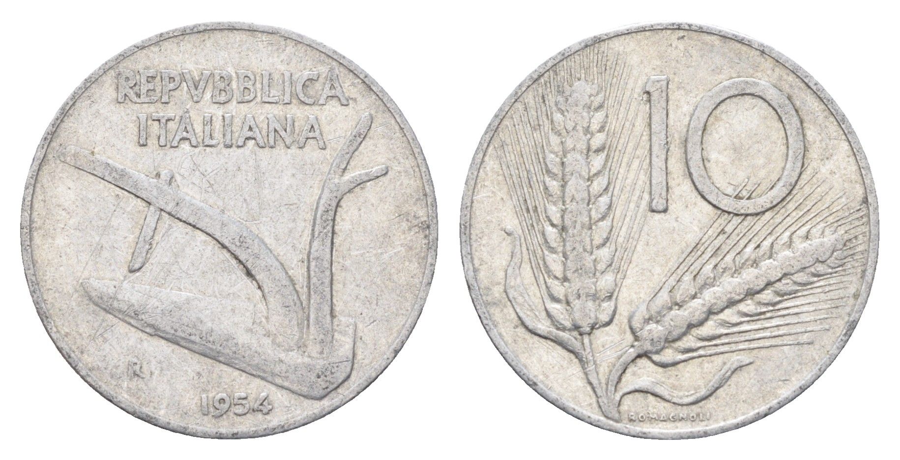 Италия 10 лир 1954 R, плуг, колосья KM 93 алюминий 4704-531