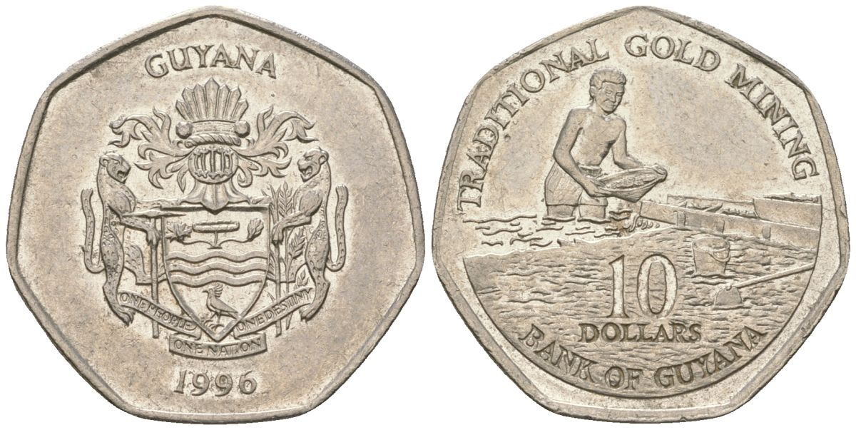 Гайана 10 долларов 1996 KM 52 сталь плакированная никелем 4121-532