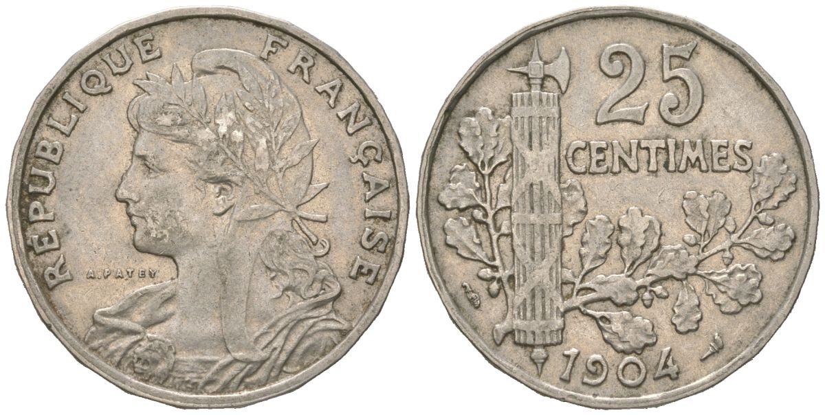 Франция 25 сантимов 1904 KM 856 никель 113-635