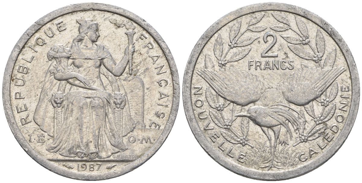 Французская Новая Каледония 2 франка 1987 птица кагу, (IEOM) KM 14, Schoen 11, Lec 64 алюминий    08-1221