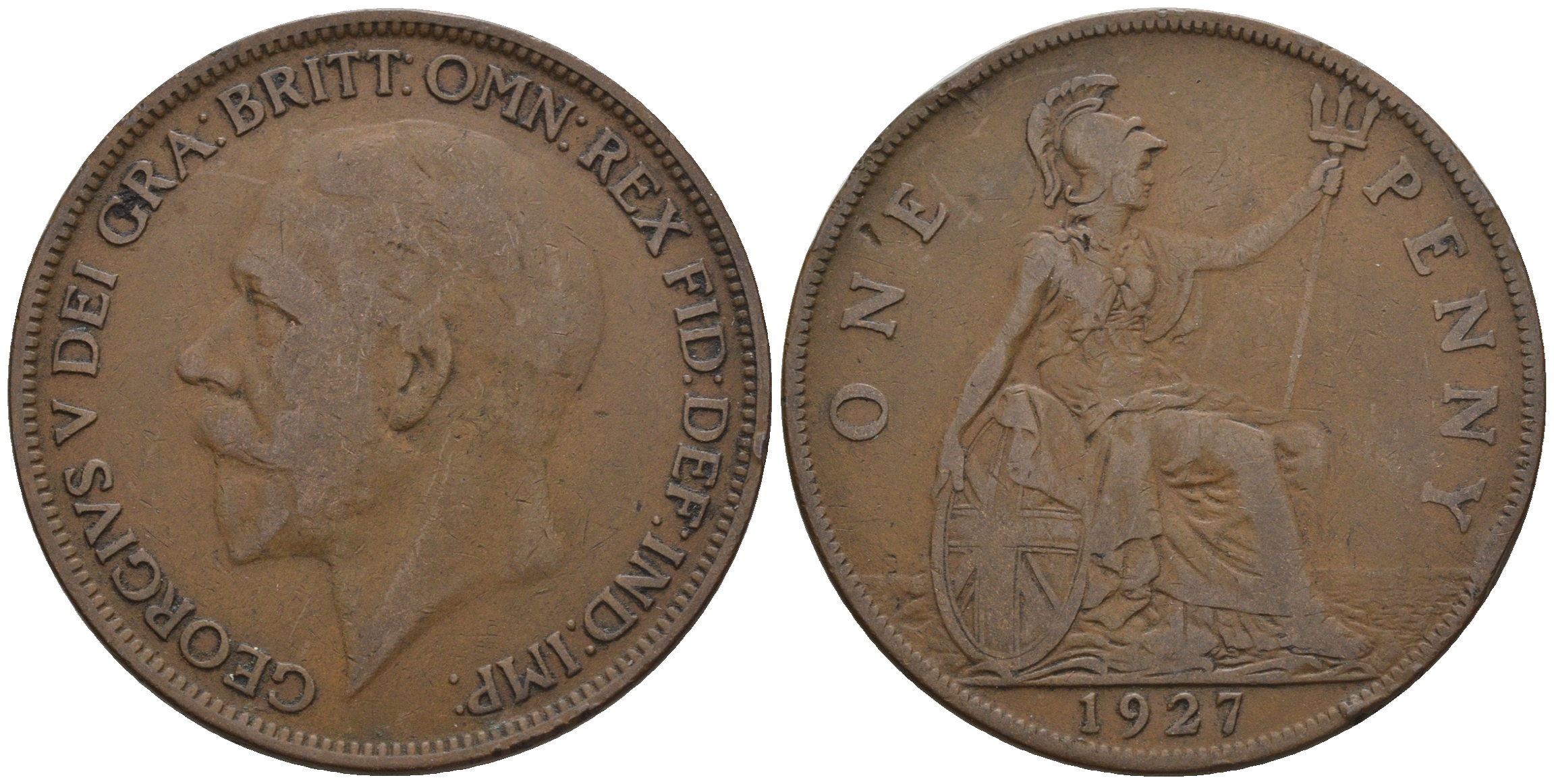 Великобритания 1 пенни 1927 Георг V (1910-1936) КМ 826, Spink 4054 бронза 4607-1222
