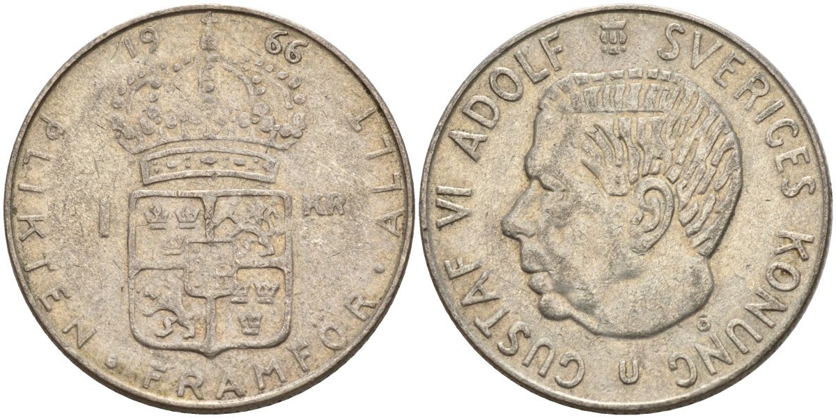 Швеция 1 крона 1966 U, Густав VI Адольф (1950-1973) KM 826 серебро 4150-211