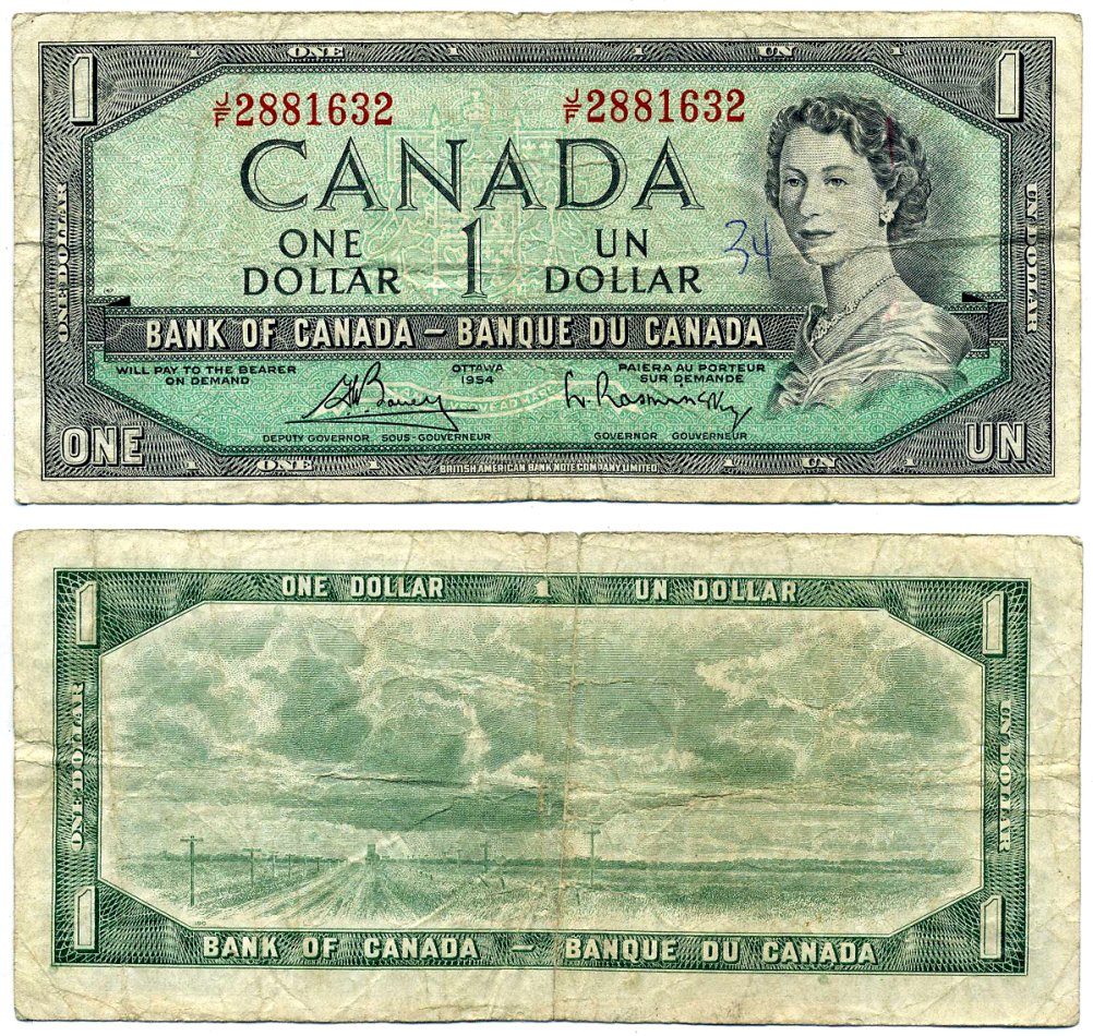Канада 1 доллар 1954 подписи Bouey & Rasminsky, BABNC Pick 75c бумага 2192-19-3-2