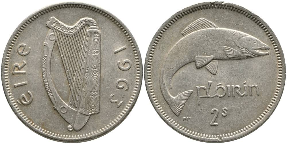 ИРЛАНДИЯ 1 ФЛОРИН = 2 ШИЛЛИНГА 1963 ЛОСОСЬ KM 15а медно-никель 4531-822