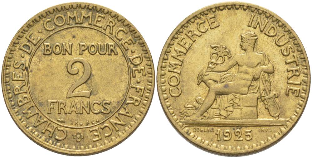 ФРАНЦИЯ 2 ФРАНКА 1925 ТИП CHAMBRES DE COMMERCE KM 877, LE FRANC 267.7 алюминиевая бронза 69-1222