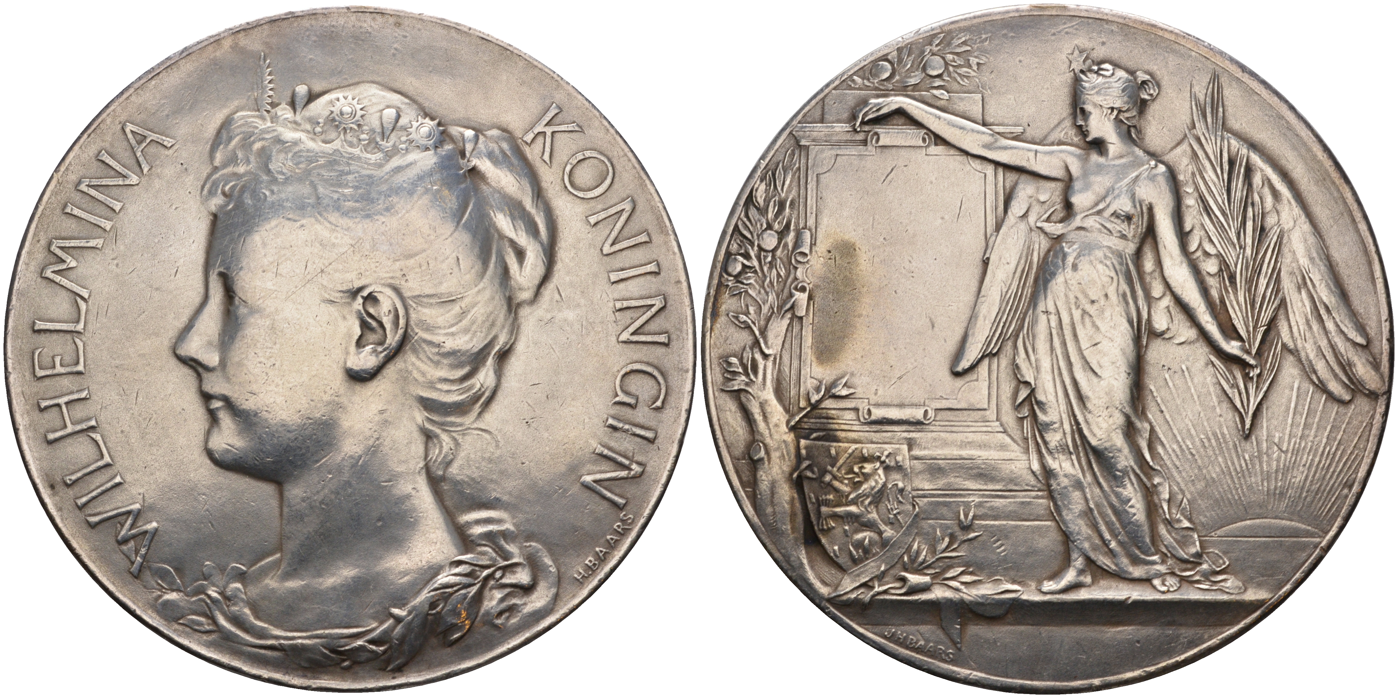 Нидерланды медаль 1898 наградная медаль, Вильгельмина, диаметр 66 мм. вес 76,49 гр. серебро 1069-9-23