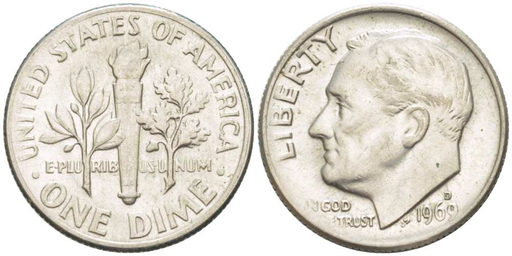 США 10 ЦЕНТОВ = 1 ДАЙМ 1969 D, РУЗВЕЛЬТ KM 195а медь плакированная медно-никелем 217-1057