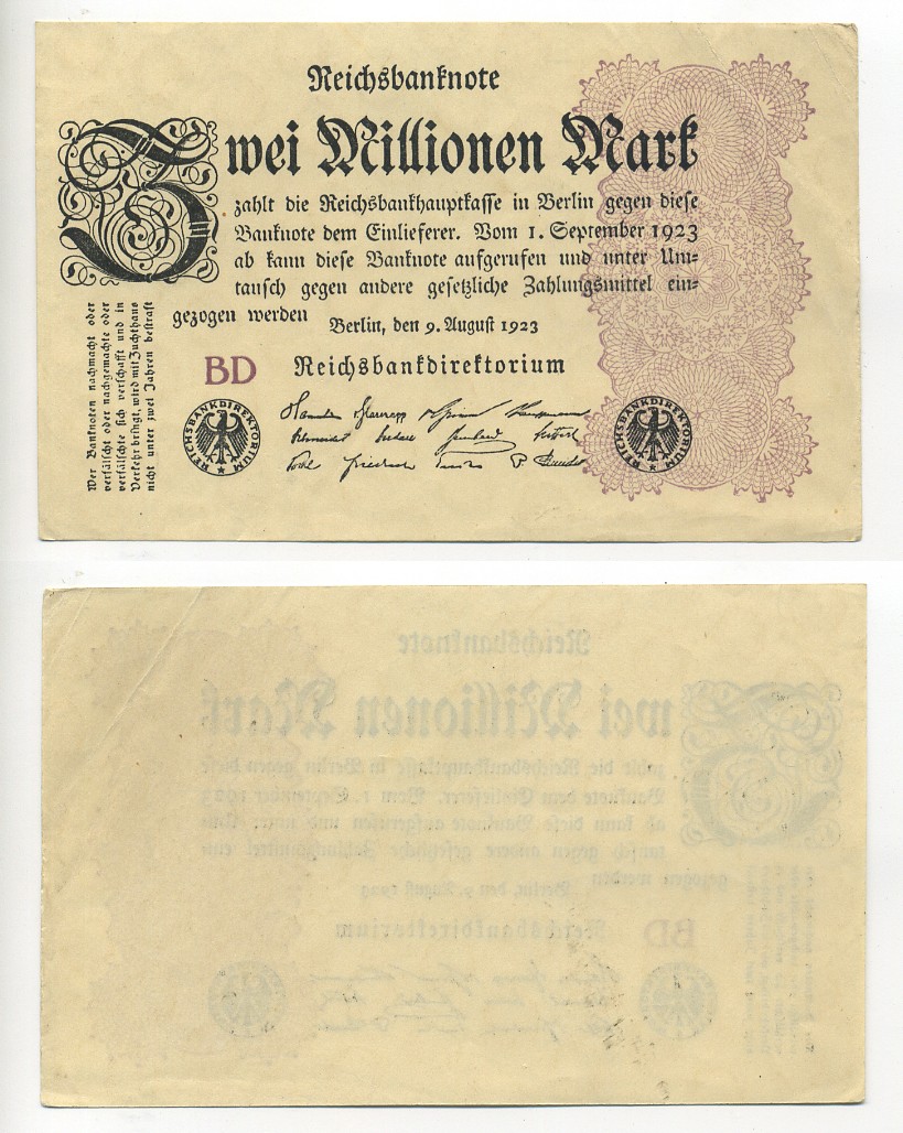 Германия 2000000 марок 1923 9 августа 1923, водяной знак L, серия BD Pick 104 b, Rosenberg 103 c бумага 7217-37-1