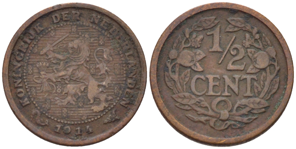 НИДЕРЛАНДЫ 1/2 ЦЕНТА 1914 ВИЛЬГЕЛЬМИНА (1890-1948) KM 138 бронза 39-163