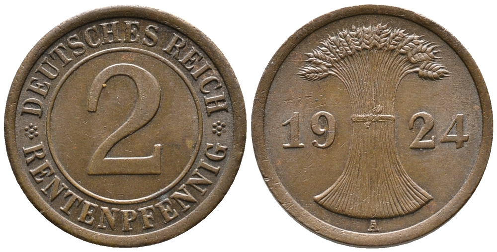 ГЕРМАНИЯ 2 РЕНТЕНПФЕННИГА 1924 A KM 31, J. 307 бронза 24-611