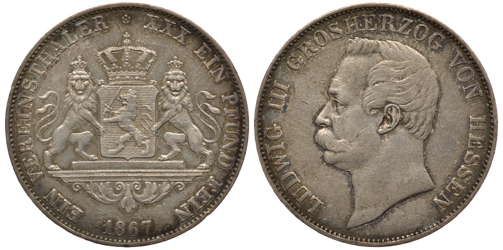 Гессен-Дармштадт 1 талер 1867 Людвиг III (1848-1877) КМ 338, AKS 120, Dav. 707, Kahnt 266, Thun 200 серебро 00-822-47