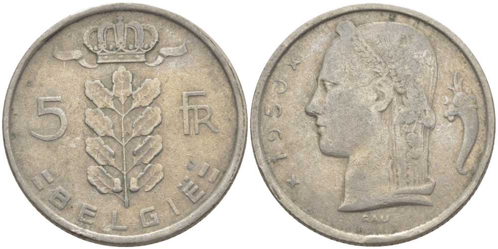 БЕЛЬГИЯ 5 ФРАНКОВ 1950 BELGIE, ЛЕОПОЛЬД III (1934-1950) KM 135.1 медно-никель 119-757