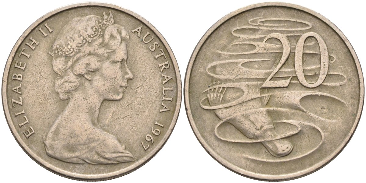Австралия 20 центов 1967 Елизавета II (1952-2022), утконос KM 66 медно-никель 4131-842